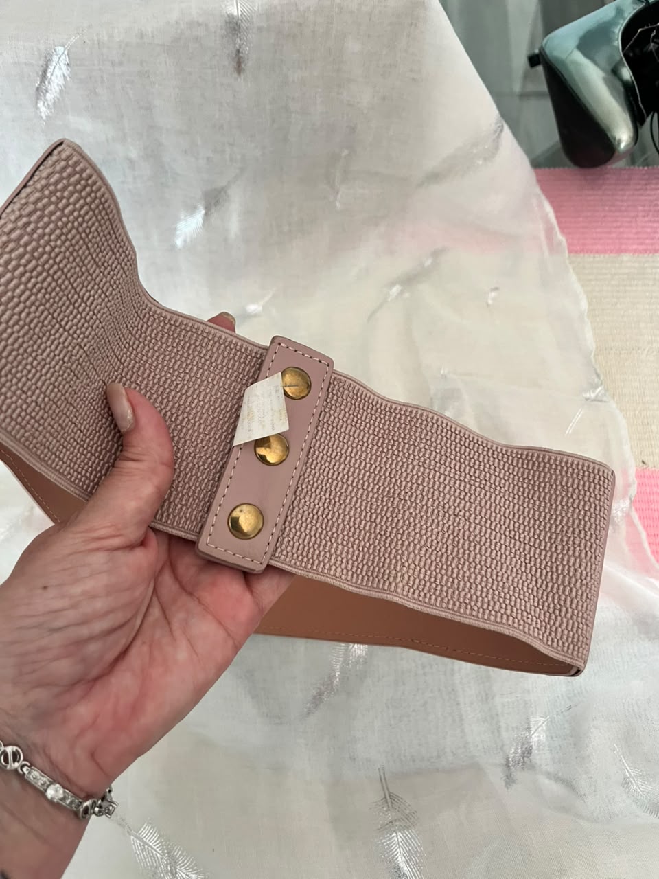 Blush Pink Wide Elastic Waist Belt | Gold Detail