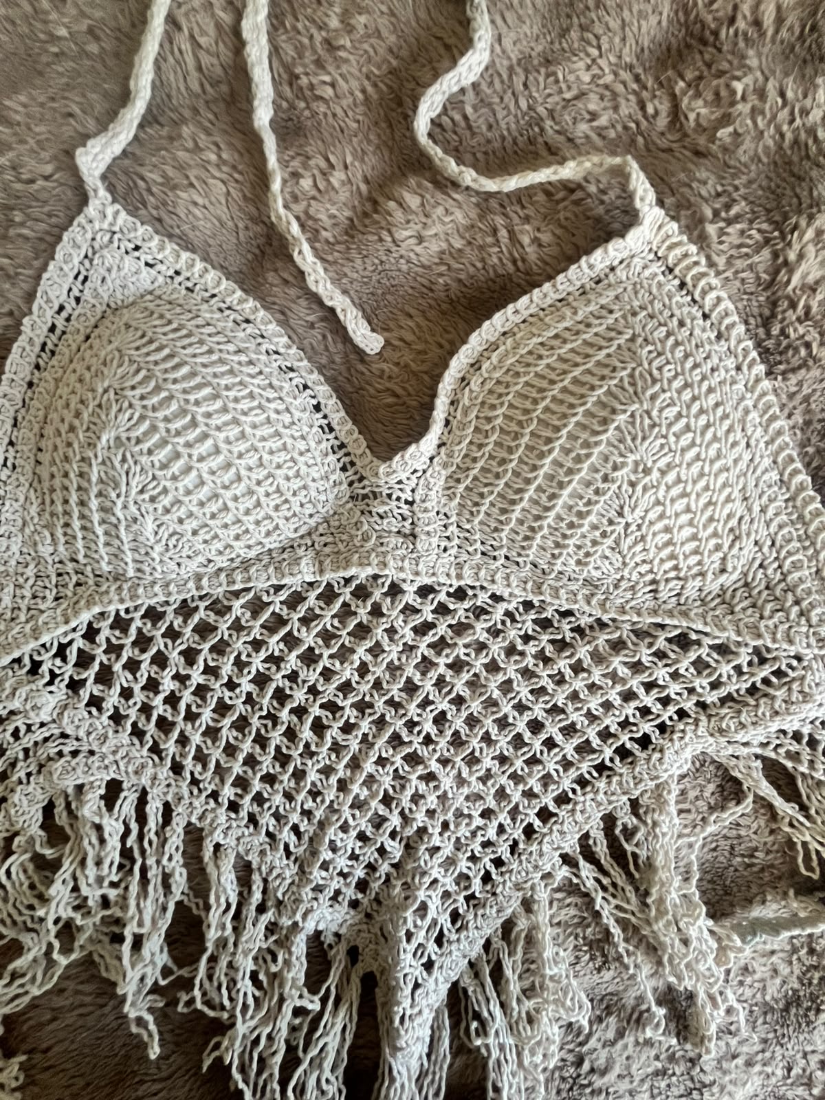 White Crochet Fringe Halter Crop Top