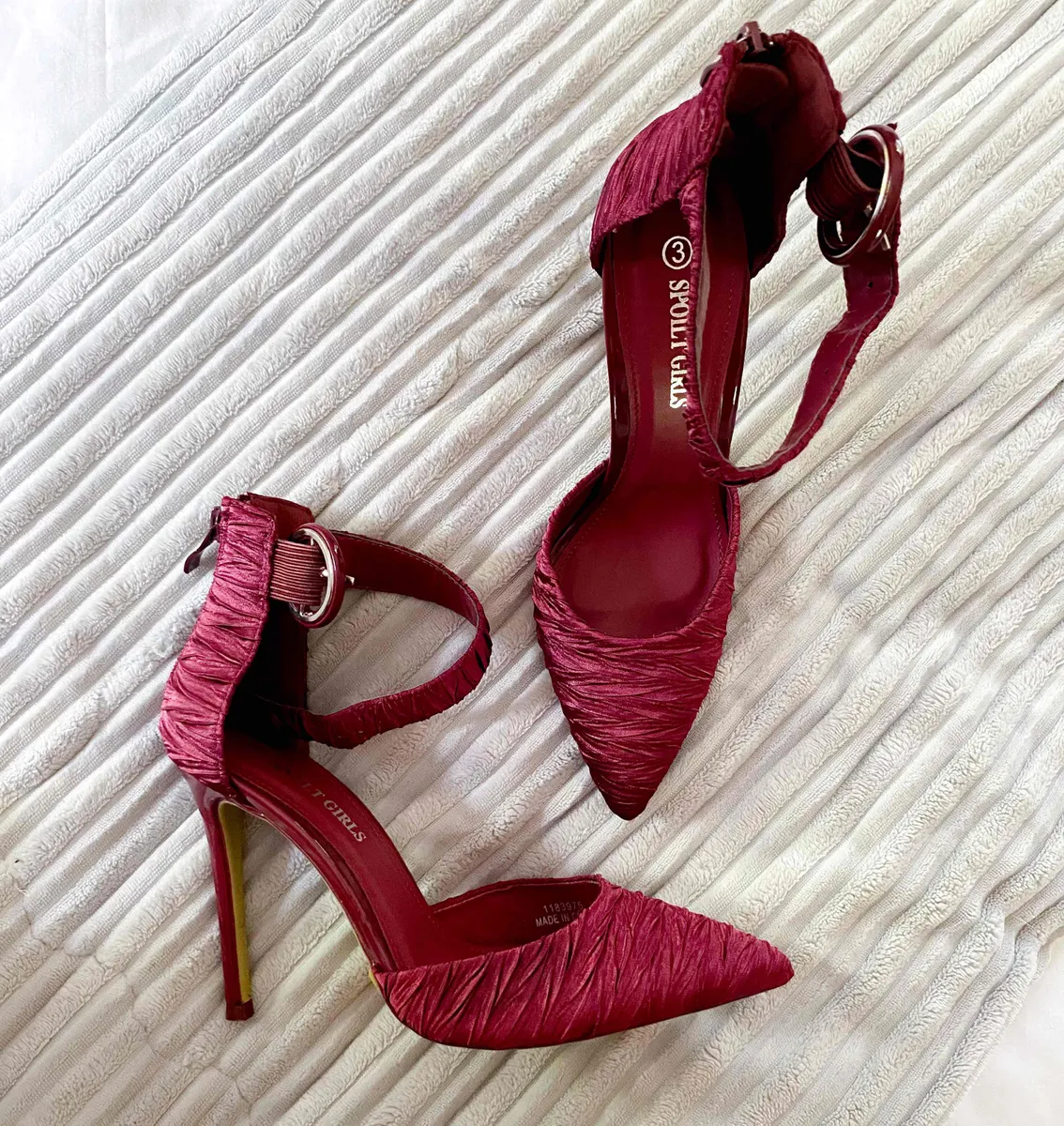 Spoilt Girls Burgundy Satin Stiletto Heels | Size 3